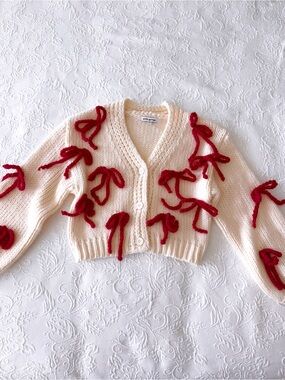 nwot crew & red 3d bow girls crop cardigan M
